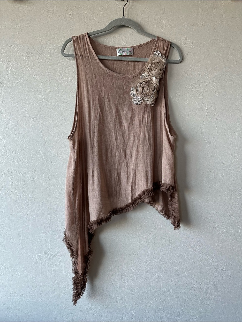 Lady Noiz Boho Asymmetric Brown Women's Tank Top Floral Appliqué Size L Delicate